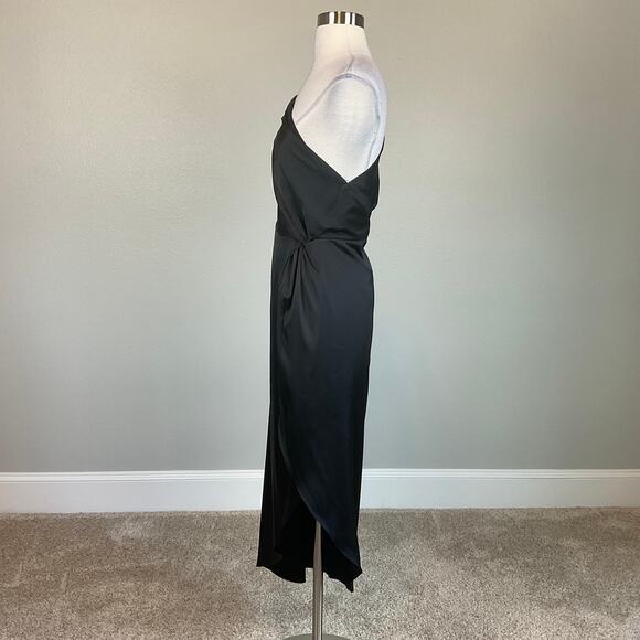 Black Satin One Shoulder Cocktail Dress Size 6 High Low Thigh Slit Shift by AQUA - Picture 5 of 11